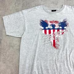 ワシ　星条旗　ロゴプリント　トップス　半袖　Tシャツ　古着　杢グレー　2XL