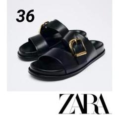 美品 Zara バックルフラットサンダル 37 24-24.5cm ブラック