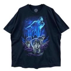 ドム メンズTシャツ 黒 2XL 狼 幻想的 ブルー グラデーション 【4194