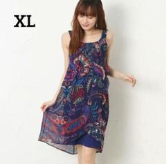 ゆったりサイズ　デシグアル　XL 総柄 ノースリーブ ひざ丈ワンピース ネイビー