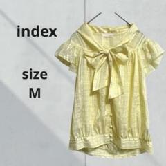 リボンブラウス イエローチェック柄 インデックス 涼しげ フリル 透け感 M