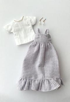 ドール着せ替え服 チェックのチュニックワンピース 22センチドール服 3点セット