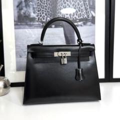 美品 HERMES エルメス ケリー28 ボックスカーフ ブラック 新型金具