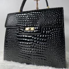 希少 vintage シャイニングクロコダイル調 型押しレザーハンドバッグ 黒色 美品 本クロコダイル ハンドバッグ ミニボストンバッグ