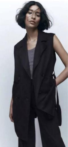 【新品】ZARA ザラ　ロングベスト　ロングジレ　ブラック ZARA - 大人気/完売品【ザラ】斜めライン ロング ジレ ベスト