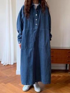 ホック ゆったり 折り衿 レトロ 3色展開 ロングワンピース 大きなポケット