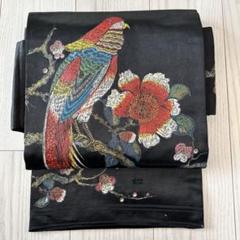 アンティーク帯　名古屋帯　ペイント　黒　鳥