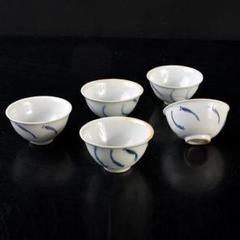 中国　南京染付　青花メダカ文煎茶碗　五客　M　6845 中国 南京染付 青花メダカ文煎茶碗 五客 M 6845 美術品