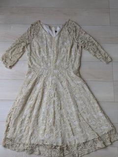 レース ベージュ ひざ丈ワンピース L