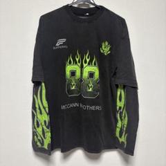ヴィンテージ 韓国ストリート 炎 フレイム レーシング ロングTシャツ ブラック