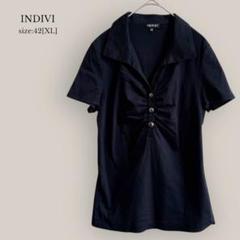 【インディヴィ】INDIVI 半袖シャツ　スキッパーカラー　綿100% ブラック
