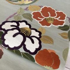 アンティーク名古屋帯　刺繍の花模様　抹茶グリーン　大正ロマン　正絹　No.35 アンティーク名古屋帯抹茶グリーン刺繍花模様正絹大正ロマンNo.5-35