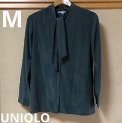 UNIQLO ユニクロ　ダークグリーン ストライプ タイ付きシャツ Mサイズのサムネイル