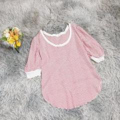【ミスティック】五分袖カットソー Ｔシャツ (Ｆ) ボーダー 赤 白