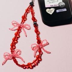 ビーズ スマホストラップ フォンチャーム ブラッシュドボウ ケースティファイ