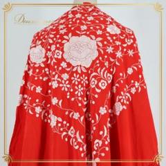 【フラメンコ衣装】レッド マントン シージョ 四角形 スクエア 赤 刺 白 大判 フラメンコ衣装】レッド マントン シージョ 四角形 スクエア 赤