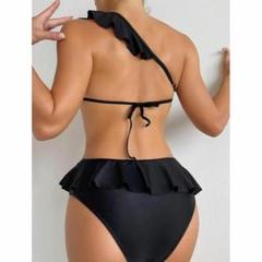 L トリムカット モノキニ ワンショルダー 水着 フリルトリム レディース