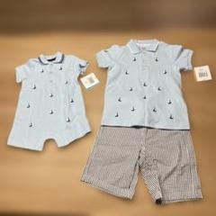 Little Me 水色ロンパース&シャツとショートパンツ、帽子のセット