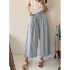 新品 ワイドパンツ ハイウエスト 着痩せ オシャレ 切り替 スカラップ 無地