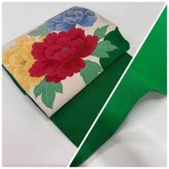 ZZ-095 名古屋帯 牡丹 花柄 緑色 正絹 名古屋仕立て - メルカリ
