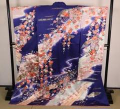 正絹 着物 単品 振袖 御所車 流水桜 蝶 青 成人式 和装 和服