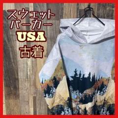 総柄 風景 メンズ パーカー M ブルー USA古着 90s 長袖 スウェット