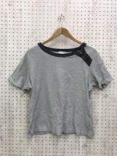 Y2K 古着 デニム切り替え　アシンメトリー編み上げネック　細ボーダートップス