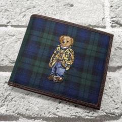 ポロバイラルフローレン　二つ折り財布　ポロベア 刺繍　ブラックチェック　レザー
