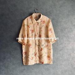 昭和レトロイエローベース総柄半袖シャツ　柄シャツ　レトロブラウス　花柄ブラウス