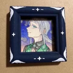 【額付き】手描きイラスト オリジナル 創作 原画 緑 天使 夜