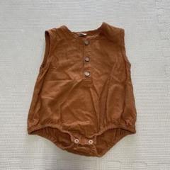 ブラウン ノースリーブロンパース 9-12m 70%コットン 30%リネン