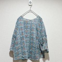 【Supilion】青系　花柄　７分袖シャツ　フリル袖　総柄　フリーサイズ