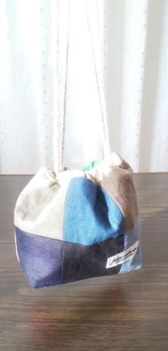 リネンパッチの巾着ポーチ(モノトーン)*ハンドメイド
