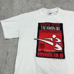 90s　USA製　ハワイ　テコンドー　ピクトグラム　Tシャツ　古着　白　M