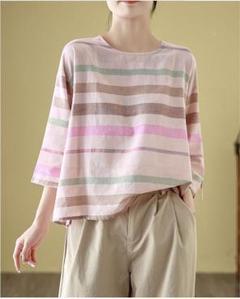 ボーダー柄 Tシャツ ゆったり 薄手 ブラウス プルオーバー 七分袖 夏物新作