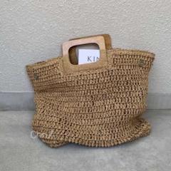 ［新品］ウッドハンドルストローバッグ メッシュ ブラウン 大きい 無地 美品