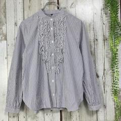 ☆エスプリミュール☆美品☆シャツ フリル ストライプ ネイビー M バンドカラーのサムネイル