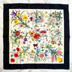 GUCCI/グッチ】 花柄 未使用品 スカーフ シルク100％ 白×マルチ