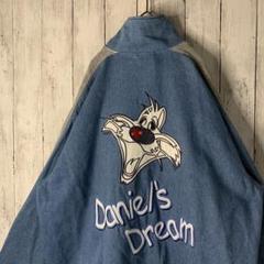 90s ヴィンテージ デニムブルゾン 両面 刺繍 ビッグロゴ オーバーサイズ