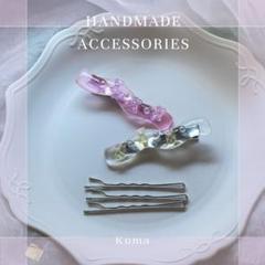 シルバー リボン パール ヘアピン ヘアクリップ ヘアアクセサリー ハンドメイド