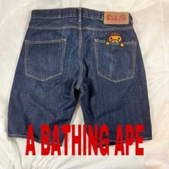 激レアL！BAPE猿カモステッチ柄デニムショーツ A BATHING APE デニム ショーツ 刺繍 猿 Lサイズ ハーフパンツ