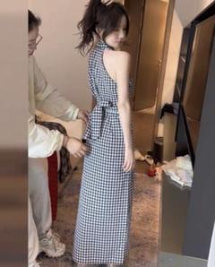 大人気❤️ゆったりロングチェックワンピース 韓国ノースリーブ 夏のお出かけに