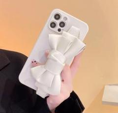 iPhone13 14 15 リボンケース ホワイト ショルダーフック付 韓国