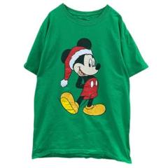 ディズニー　ミッキーマウス　クリスマス　半袖Tシャツ　緑　S　サンタ【2966】