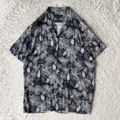 ザラ ZARA オープンカラーシャツ XL 黒フラワー総柄 レーヨン