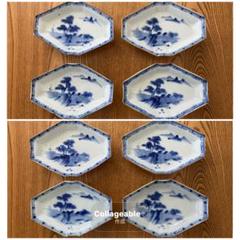 皿■古い染付菱形皿 5枚 山郷山水船図 変皿 明治期 時代物 骨董品 珍品■ 骨董 山水図染付 変形皿×2枚セット 明治 ヴィンテージ 菱形皿