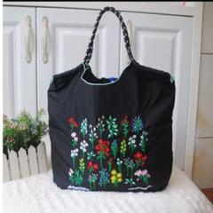 刺繍エコバッグ 花柄 ブラック Mサイズ 可愛い