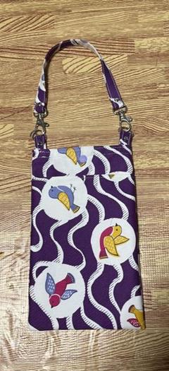 手作り 紫色の鳥柄スマホポーチ
