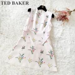 【美品】TED BAKER 花柄 サイドリボン 膝丈 Aライン ワンピース 1