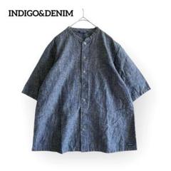リネンコットン混紡　デニム風バンドカラーショートスリーブシャツ【M】美品 5部袖